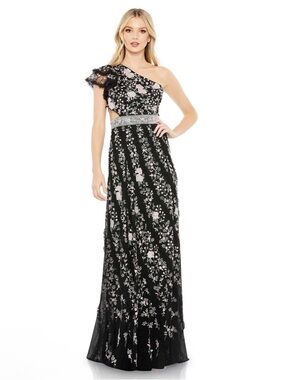👗NWT! Mac Duggal Black Embroidered Floral One Shoulder Strappy Back Dress